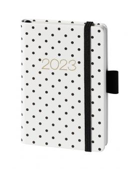 V-Book Buchkalender A6 mit Gummiband - weiß mit schwarzen Punkten 
